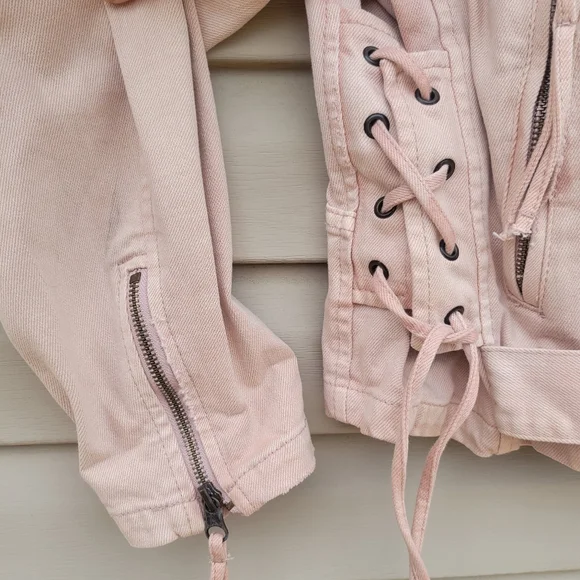 Free People Lace Up Motorcycle Jacket size Small Color Rose Oversized - Picture 5 of 13